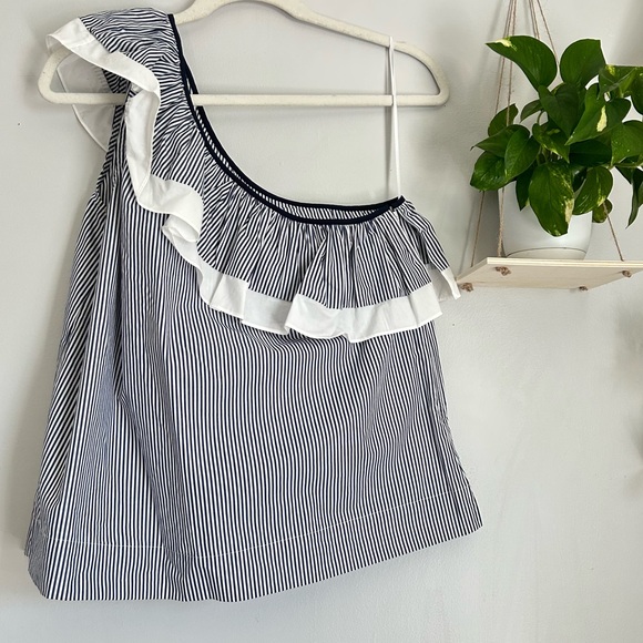 🩷NWT J CREW ONE SHOULDER BLUE WHITE STRIPE RUFFLE TANK TOP TRENDING - Picture 5 of 8